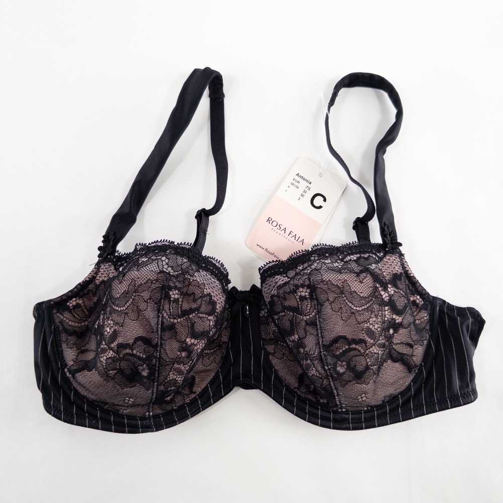 Rosa Faia Bra Sz 34C Black Lace Antonia Balconette Underwire Padded New